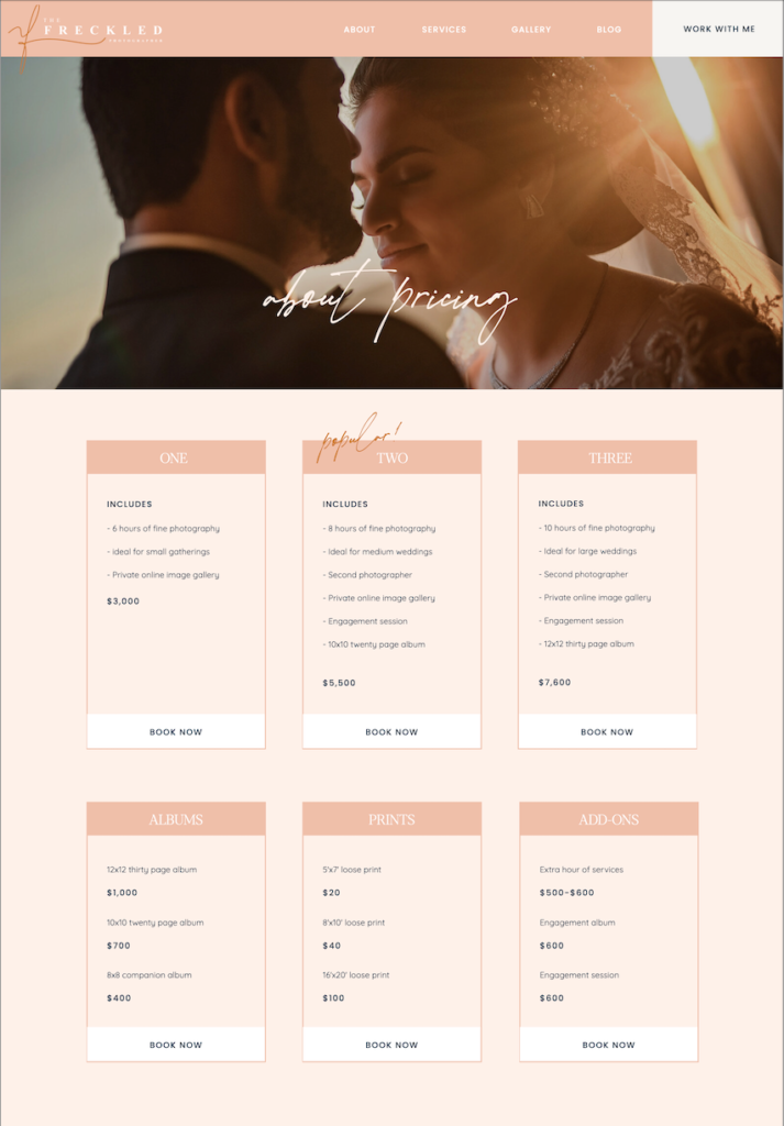 The Freckled Photographer pricing page designed by Kleist Creative